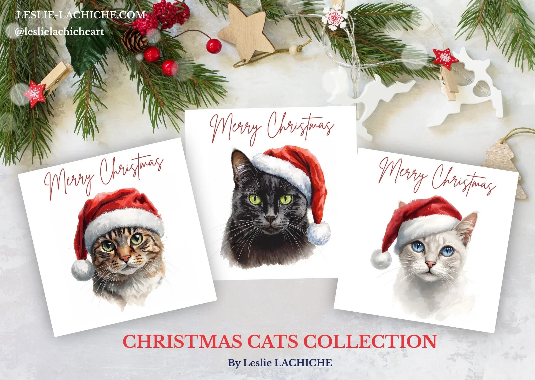 Three Christmas cards featuring cats wearing Santa hats, with festive decorations and greenery in the background.