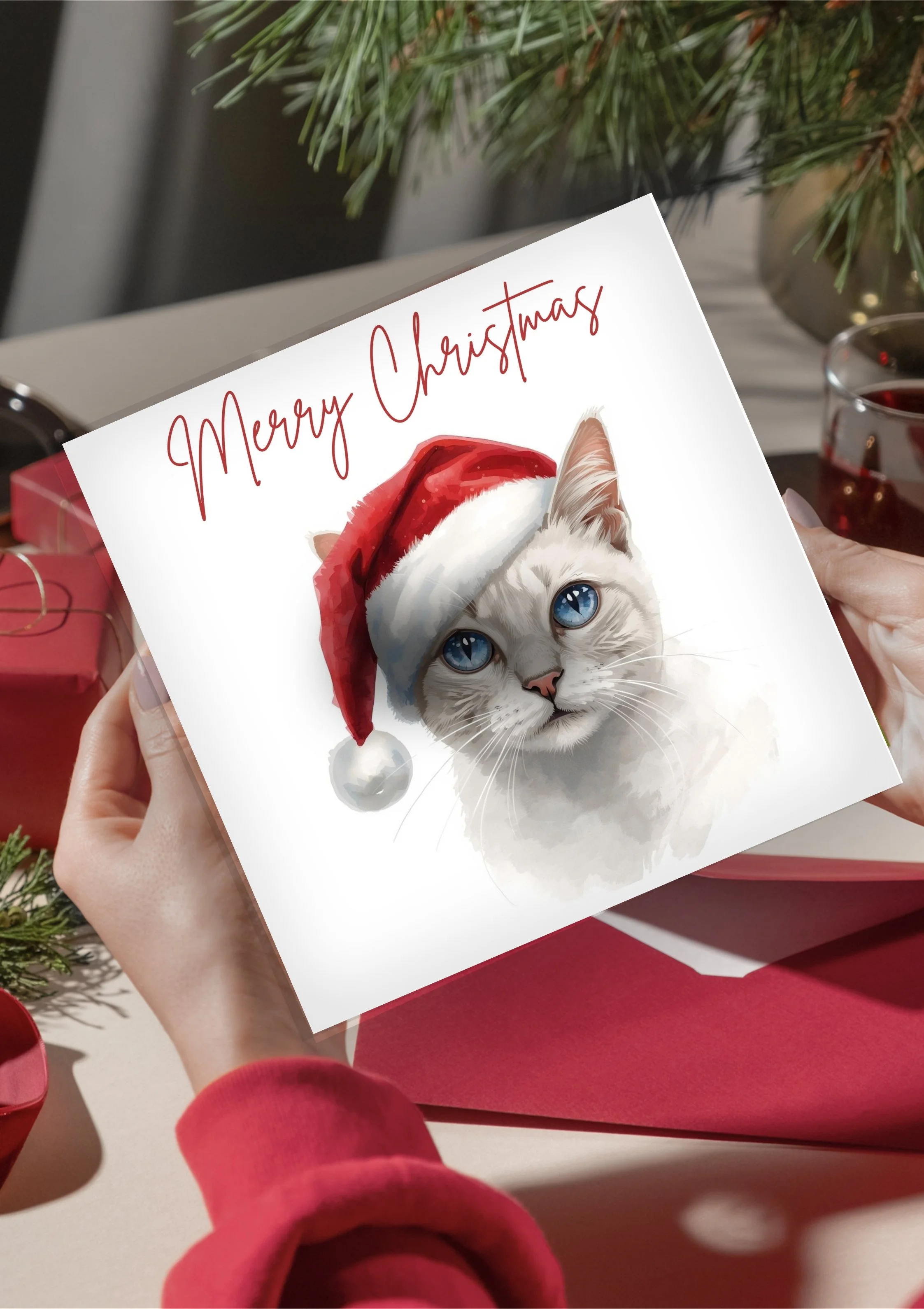 White Cat Christmas Greeting card
