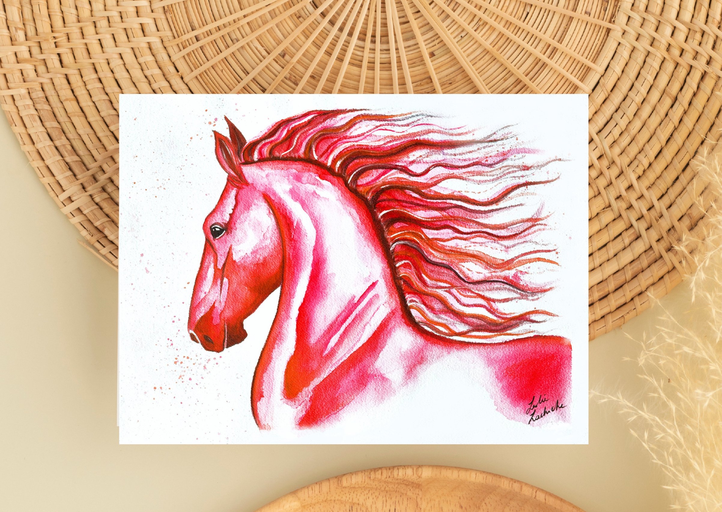 Colorful watercolor painting of a red horse with flowing mane and detailed features, signed by the artist in the bottom right corner.