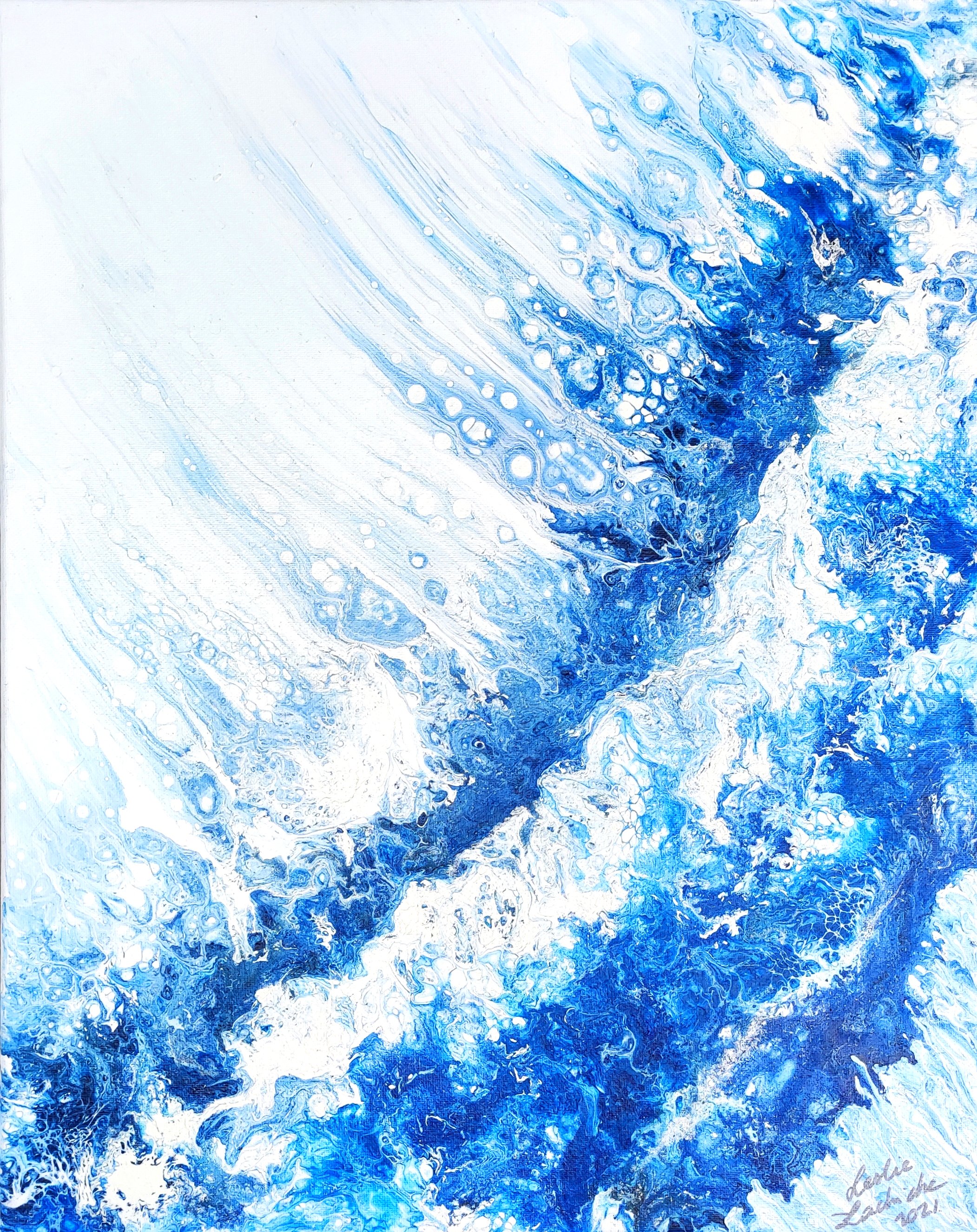 Abstract fluid art painting with blue and white swirling patterns, resembling ocean waves.