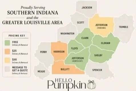 Map highlighting counties in southern Indiana and greater Louisville area, with color-coded pricing key for delivery and removal services, design and set up a pumpkin display on my front porch in Louisville, Kentucky