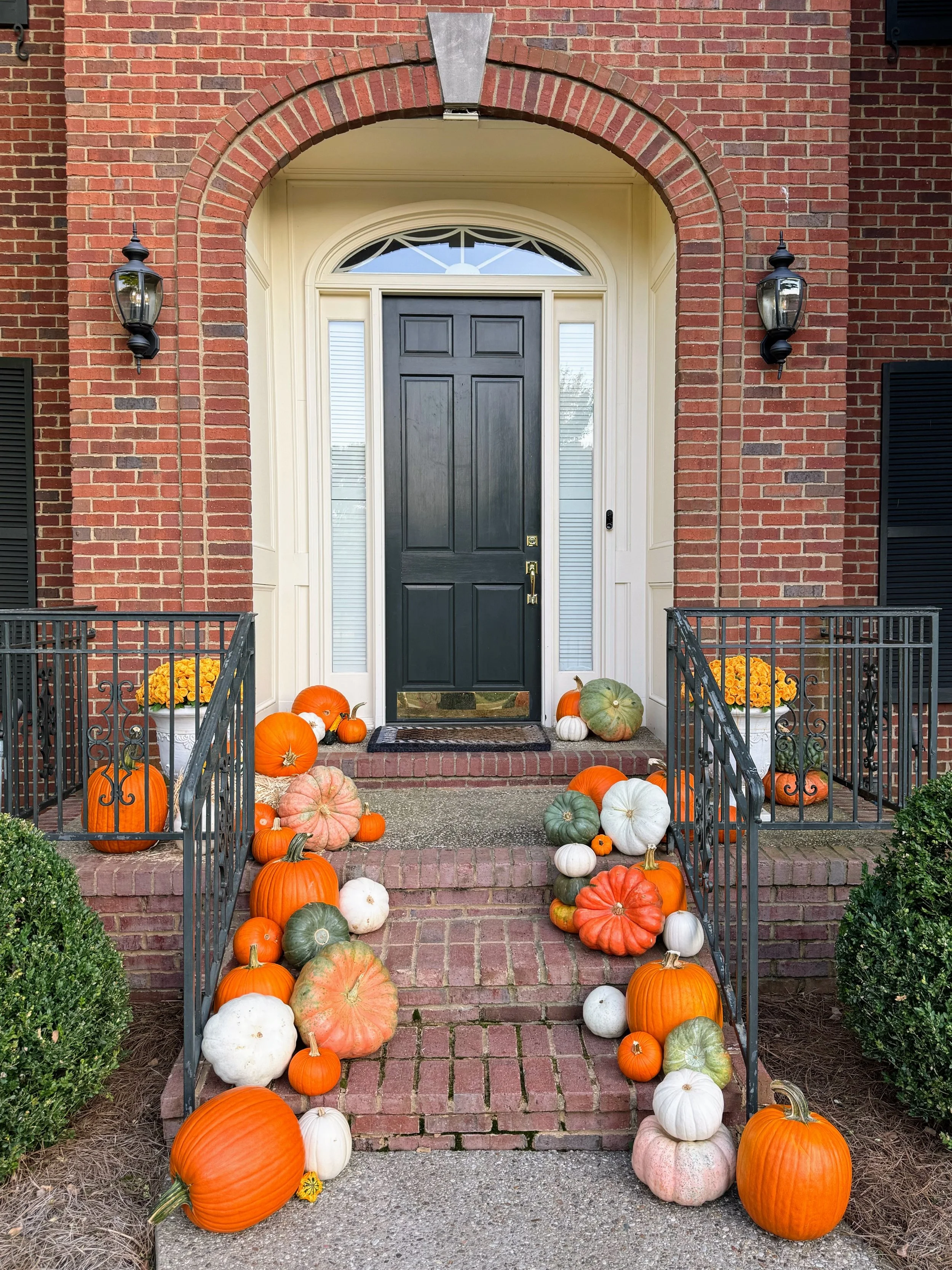 Front porch decorated with pumpkins and gourds of various colors and sizes, flanking a black front door with sidelights and pumpkins delivered and arranged for you