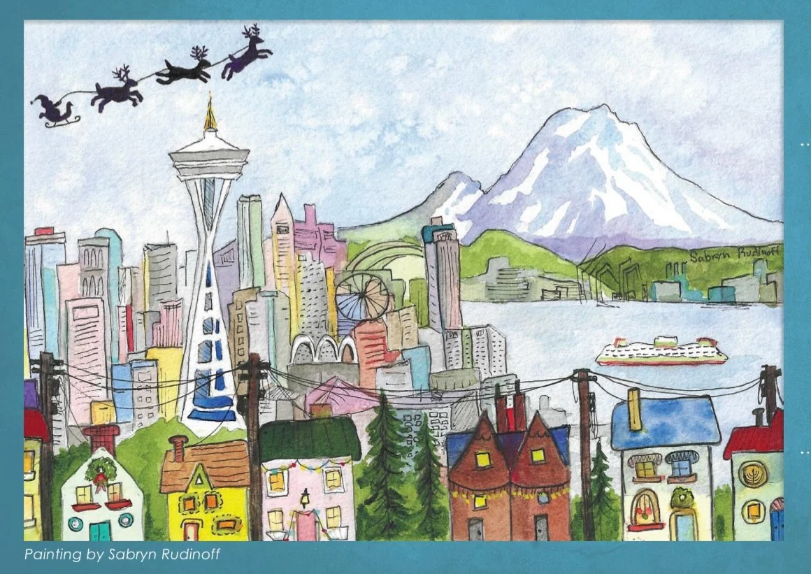 Merry merry! Wishing you all a joyful season in Seattle and beyond! Original artwork of a holiday wonderland in the Puget Sound by my niece @sabrryn 🌺🎄🏙️🏔️