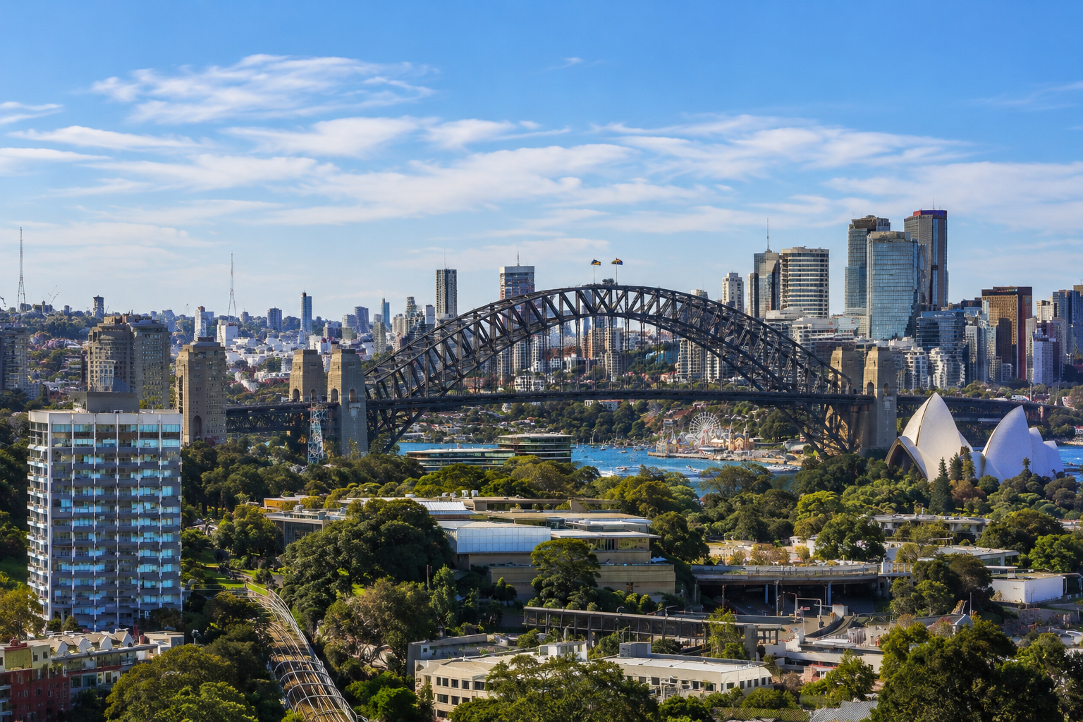 Cityscape of Sydney, Australia with the Harbour Bridge and Sydney Opera House under a blue sky.