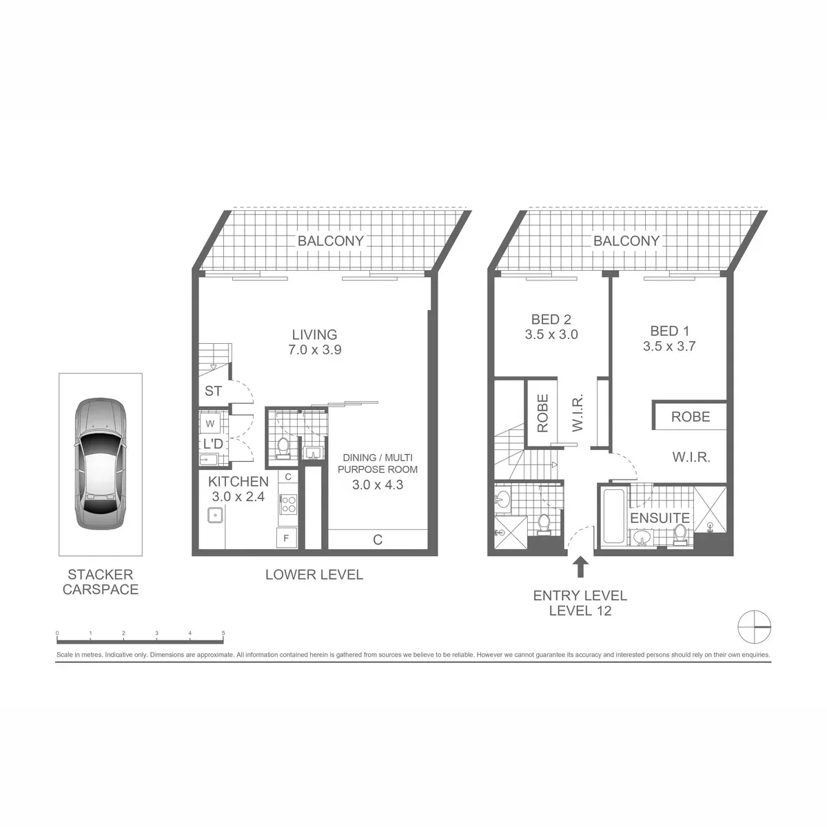 Floor plan of a two-story house with a lower level and an entry level, featuring a carport, living room, kitchen, dining/multi-purpose room, bedrooms, bathrooms, and balconies.