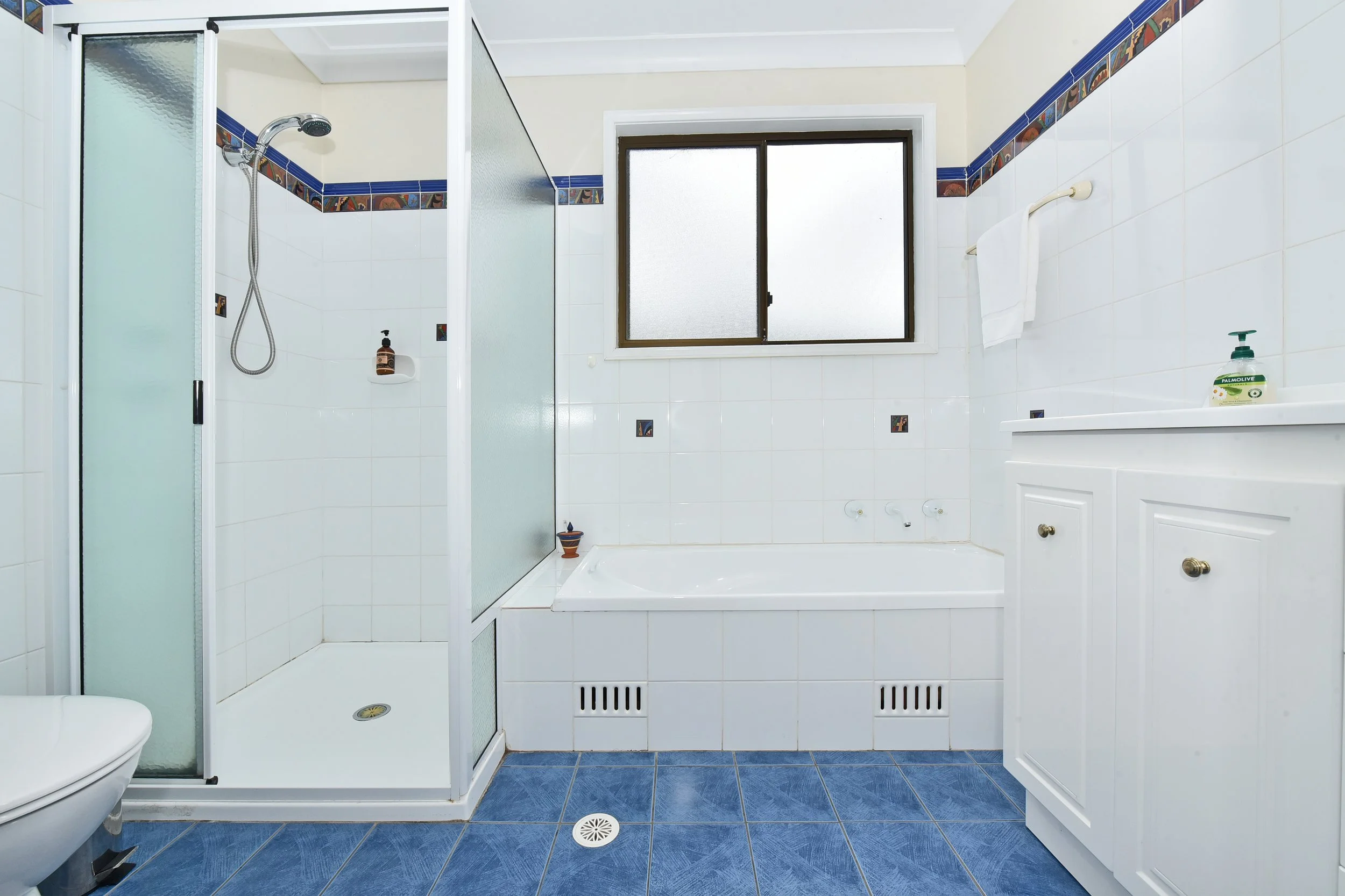 Bathroom with a shower enclosure, a window, a white sink cabinet with a soap dispenser, ceramic tiles with a decorative border, and blue floor tiles.