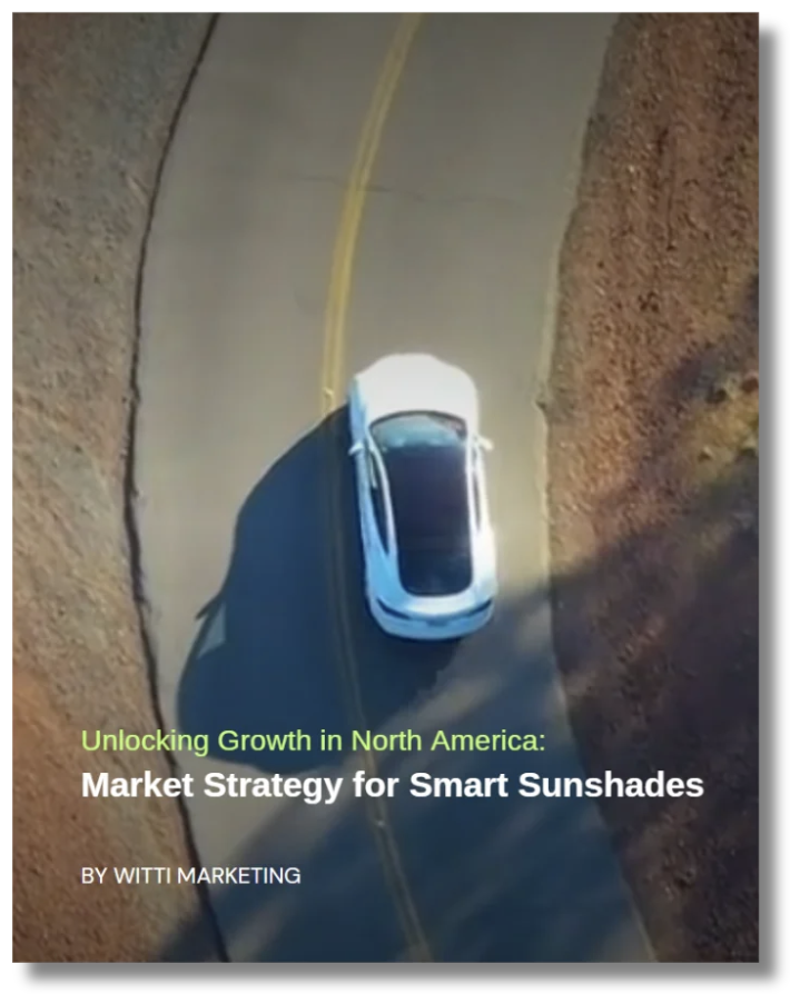 Case study document for an automotive smart sunshade brand, detailing North American market entry and growth strategy