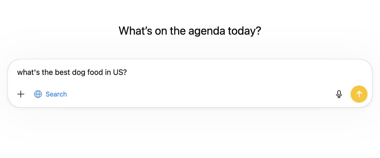Screen showing a question: 'What's on the agenda today?' and a prompt about dog's food, with a search button and a microphone icon.