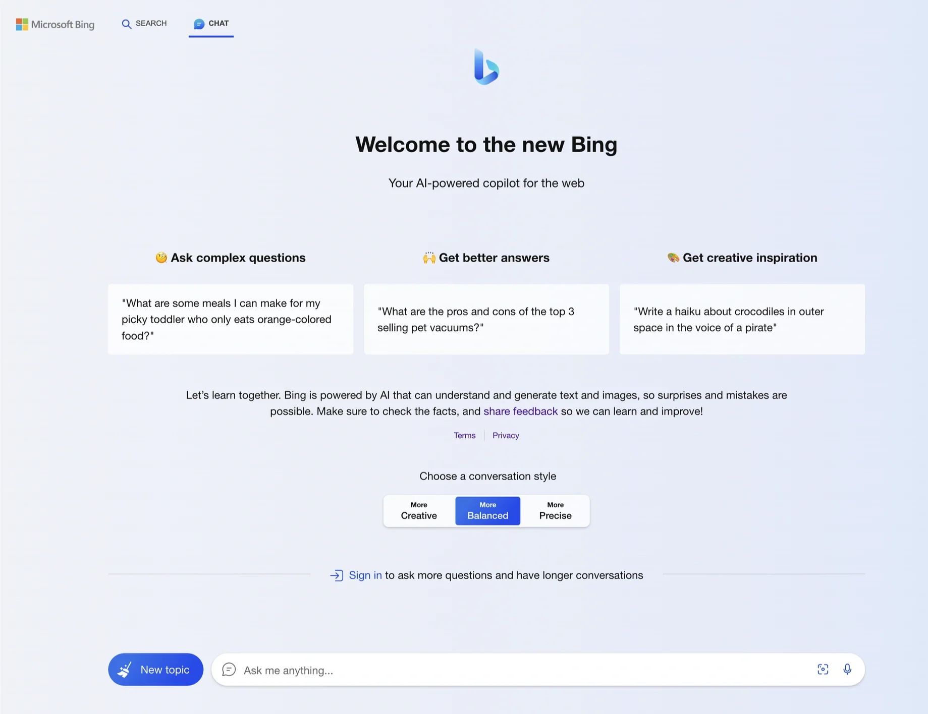Visual demonstration of the Microsoft Bing AI chat interface, featuring conversation style options for search users.