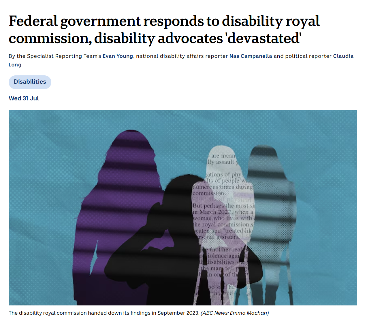 Silhouettes of people with text overlay on a blue background, relating to a news article about the federal government's response to the disability royal commission.