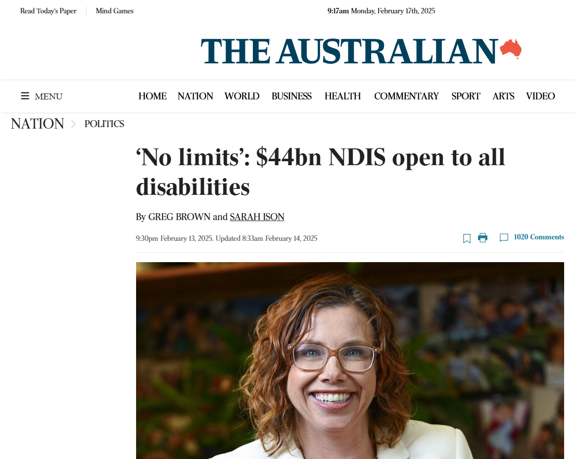 Screenshot of a news article from The Australian titled 'No limits: $44bn NDIS open to all disabilities.' The article is by Greg Brown and Sarah Ison, and includes a photograph of a smiling person with curly hair and glasses.