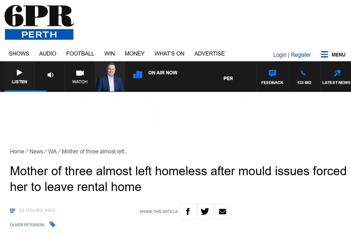 Screenshot of a 6PR Perth news article titled 'Mother of three almost left homeless after mould issues forced her to leave rental home,' published by Oliver Peterson.