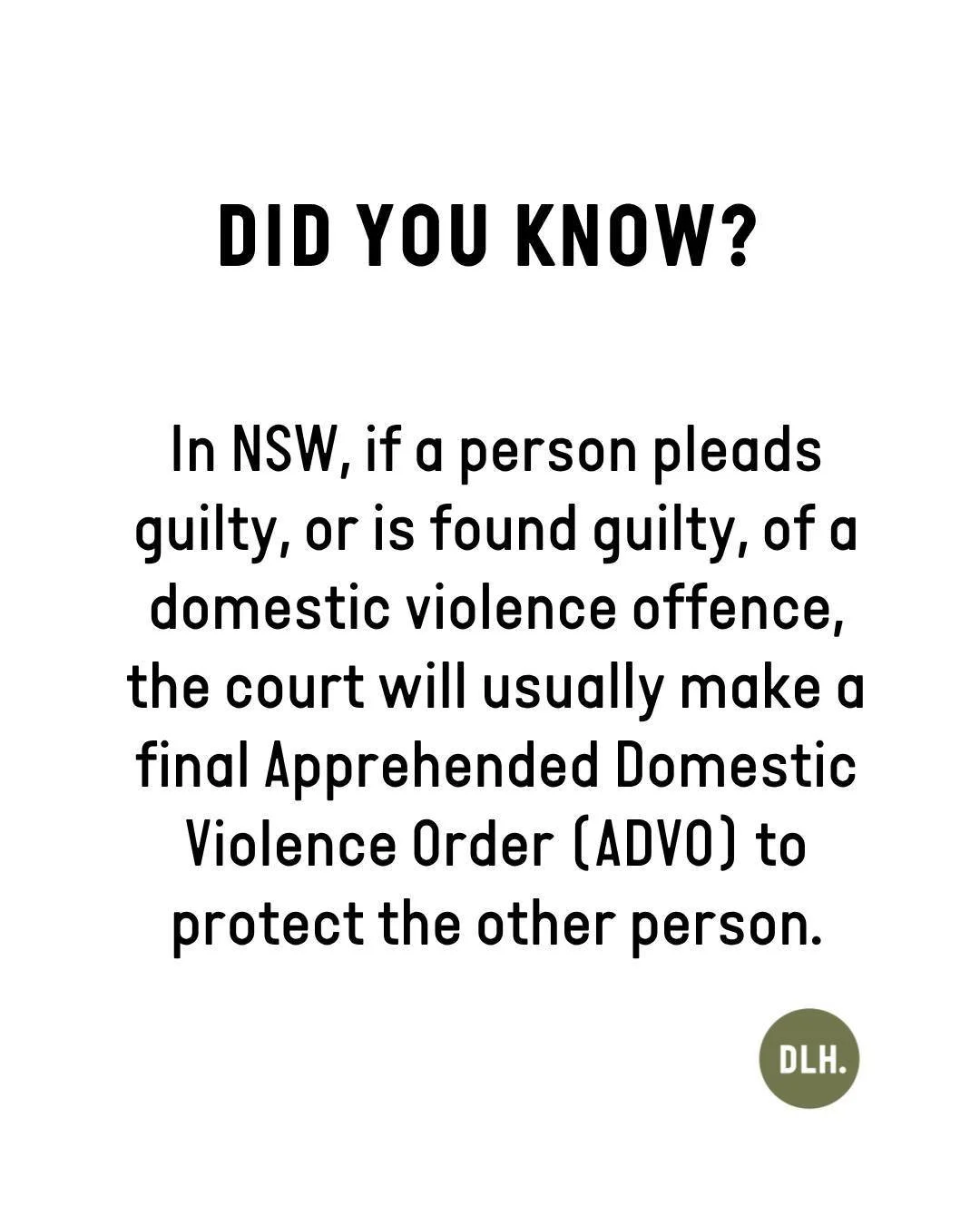 Domestic violence laws &amp; ADVOs can be complex - the more you understand them, the better prepared you are to handle what comes next. 

Swipe for an overview of domestic violence offences &amp; ADVOs in NSW &amp; get in touch with Sally &amp; the 