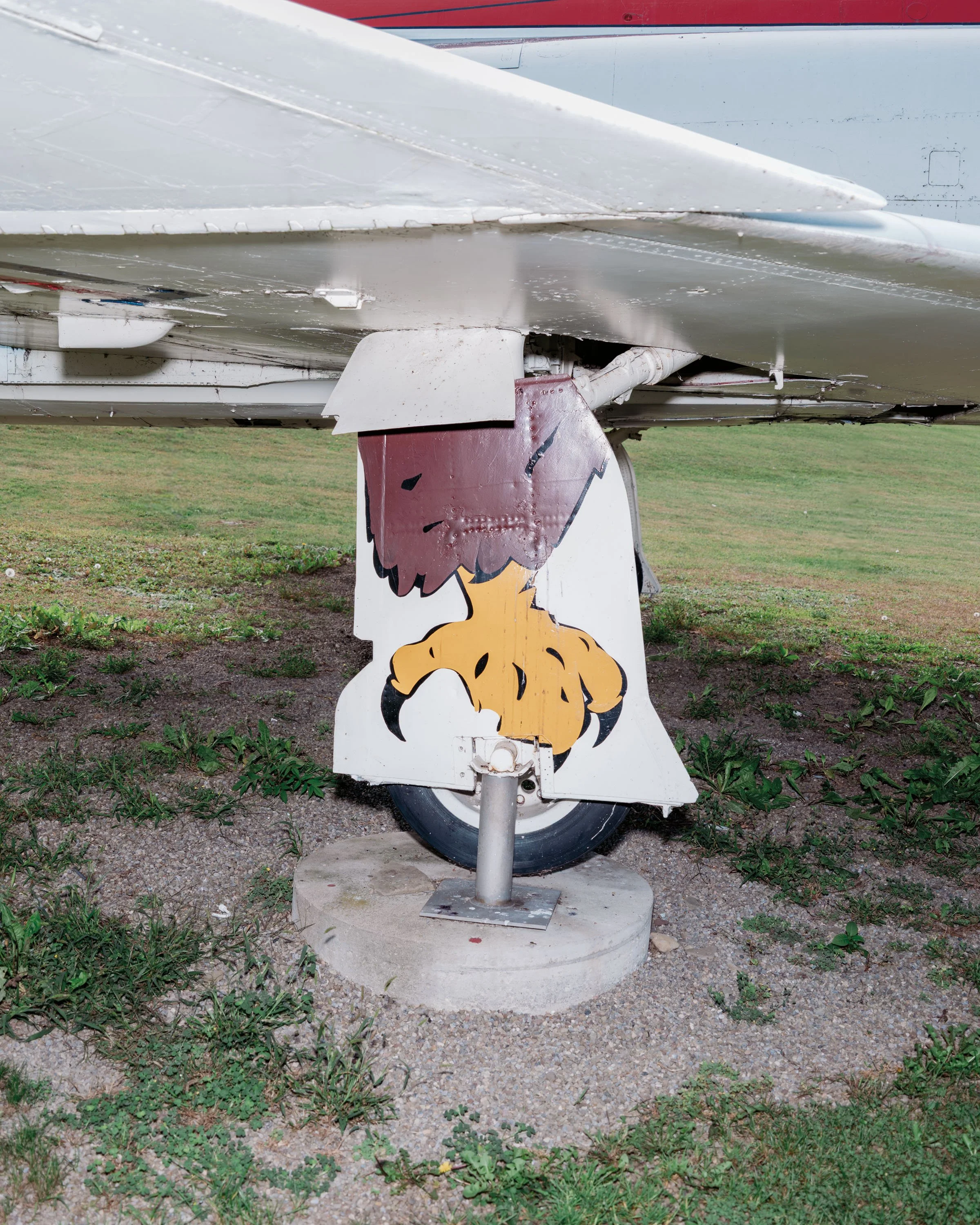 Close-up of airplane tail landing gear with painted cartoon character, grass and pavement ground beneath