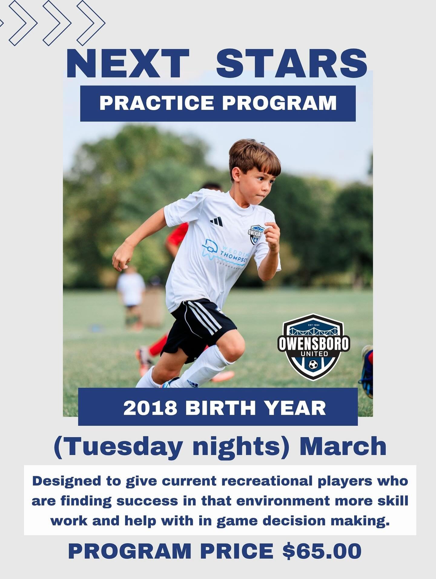 Sessions will include individual skill work, group skill activities, small and larger scale games. ⚽️

Tuesday nights in March = the 3rd, 10th, 17th, 24th and 31st.

Price $65.00 (5 sessions) Program Cap - 40 players 

Practice Times will be set once