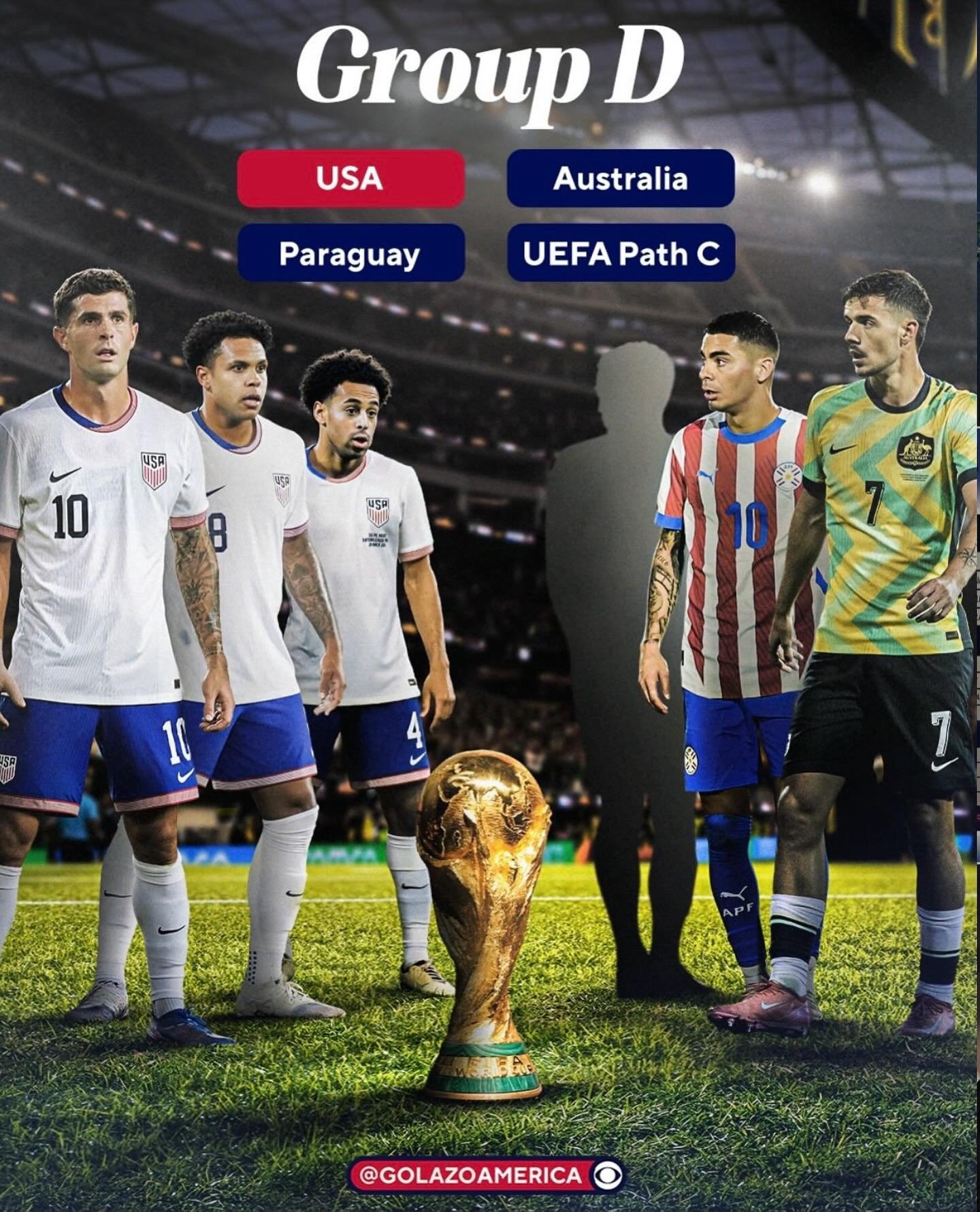 USA World Cup schedule 🇺🇸🌎🏆 

June 12: USA vs. Paraguay &ndash; SoFI Stadium, Inglewood, California

June 19: USA vs. Australia &ndash; Lumen Field, Seattle

June 25: USA vs. UEFA Playoff C winner &ndash; SoFI Stadium

Potential  4th team - (Turk