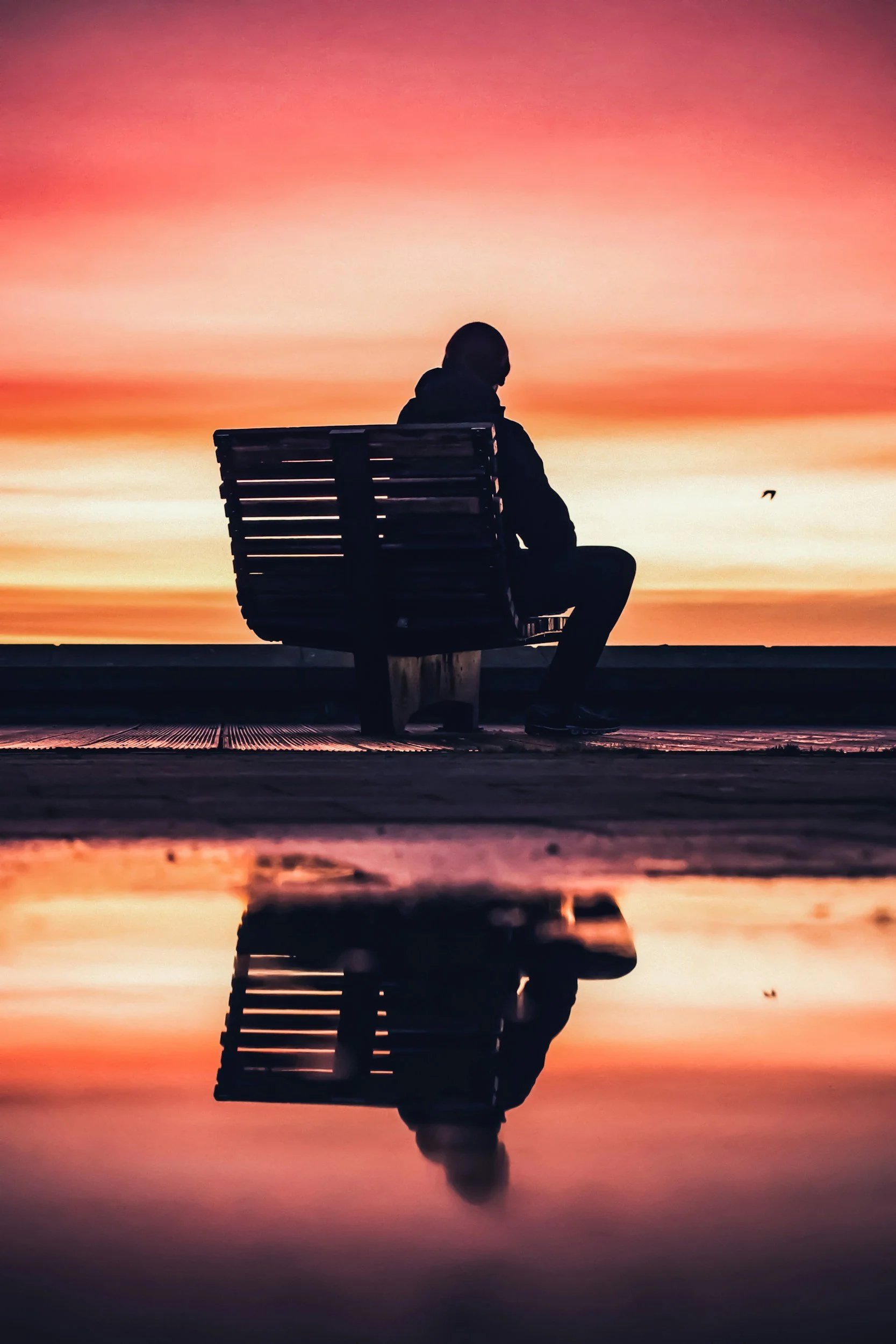 Silhouette of a person sitting on a bench at sunset, with vibrant orange and pink sky and reflection in a puddle.