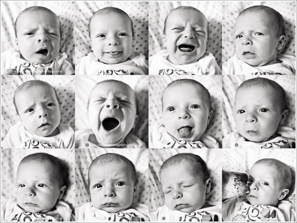 Sixteen images of a single baby's various facial expressions as emotions move fluidly through the infant