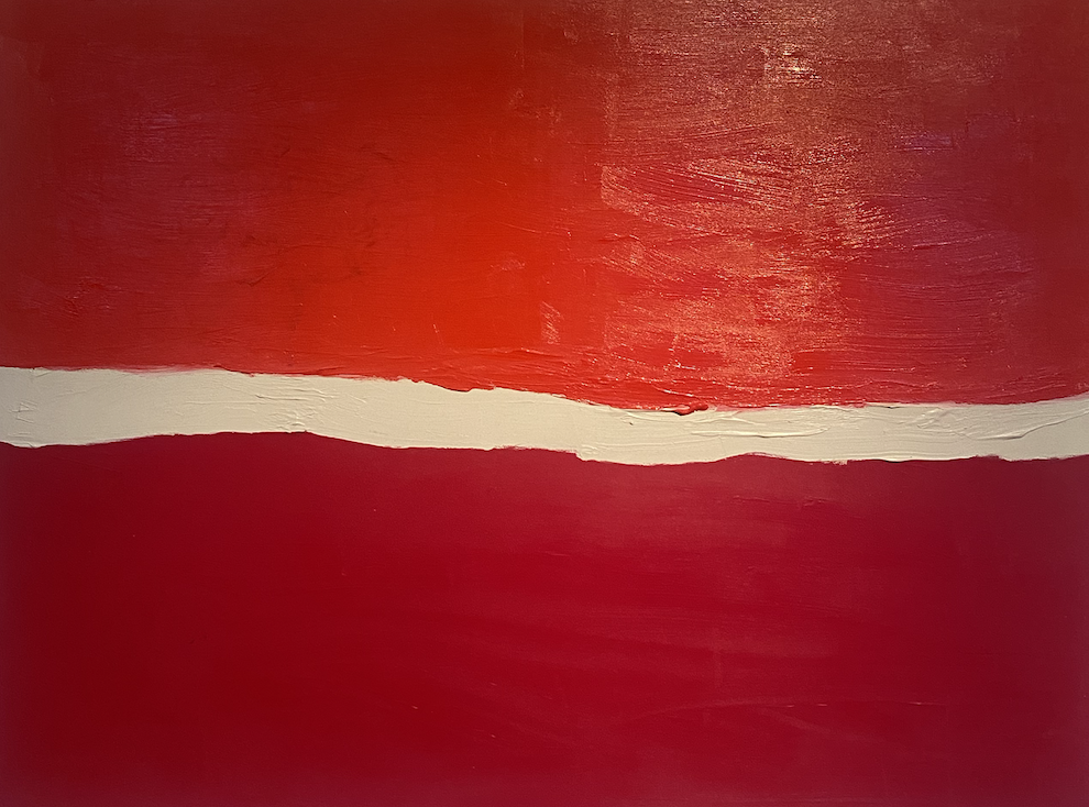 Abstract painting with a red background and a horizontal white streak in the middle.