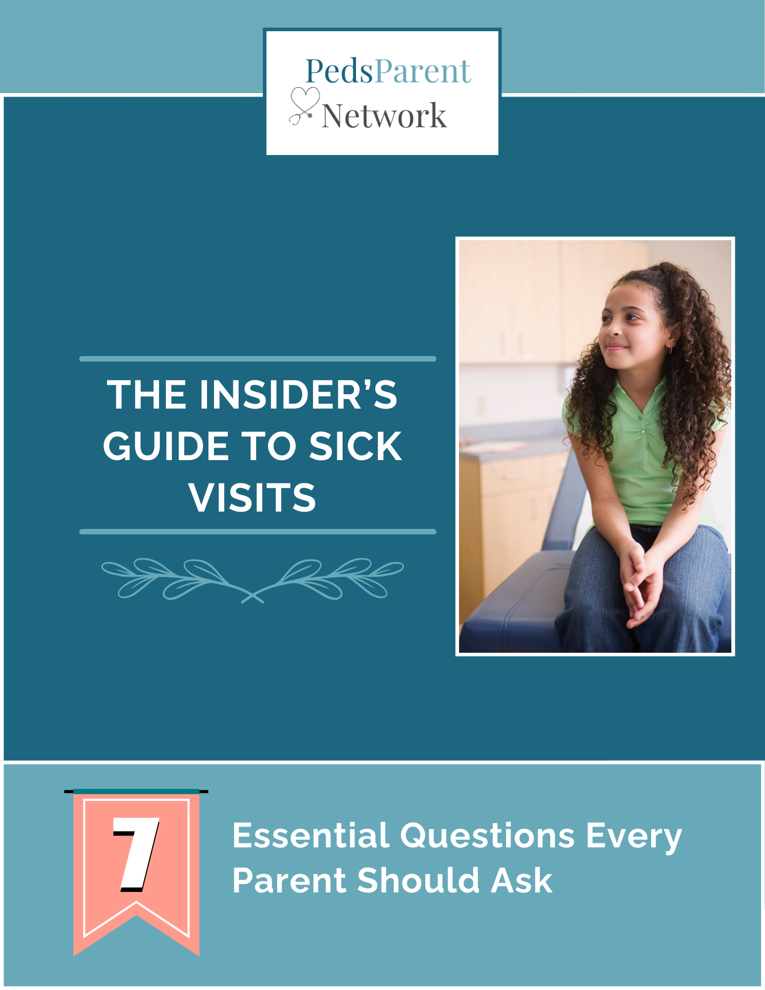 School-age girl in a green shirt sitting on exam table at the doctor's office
