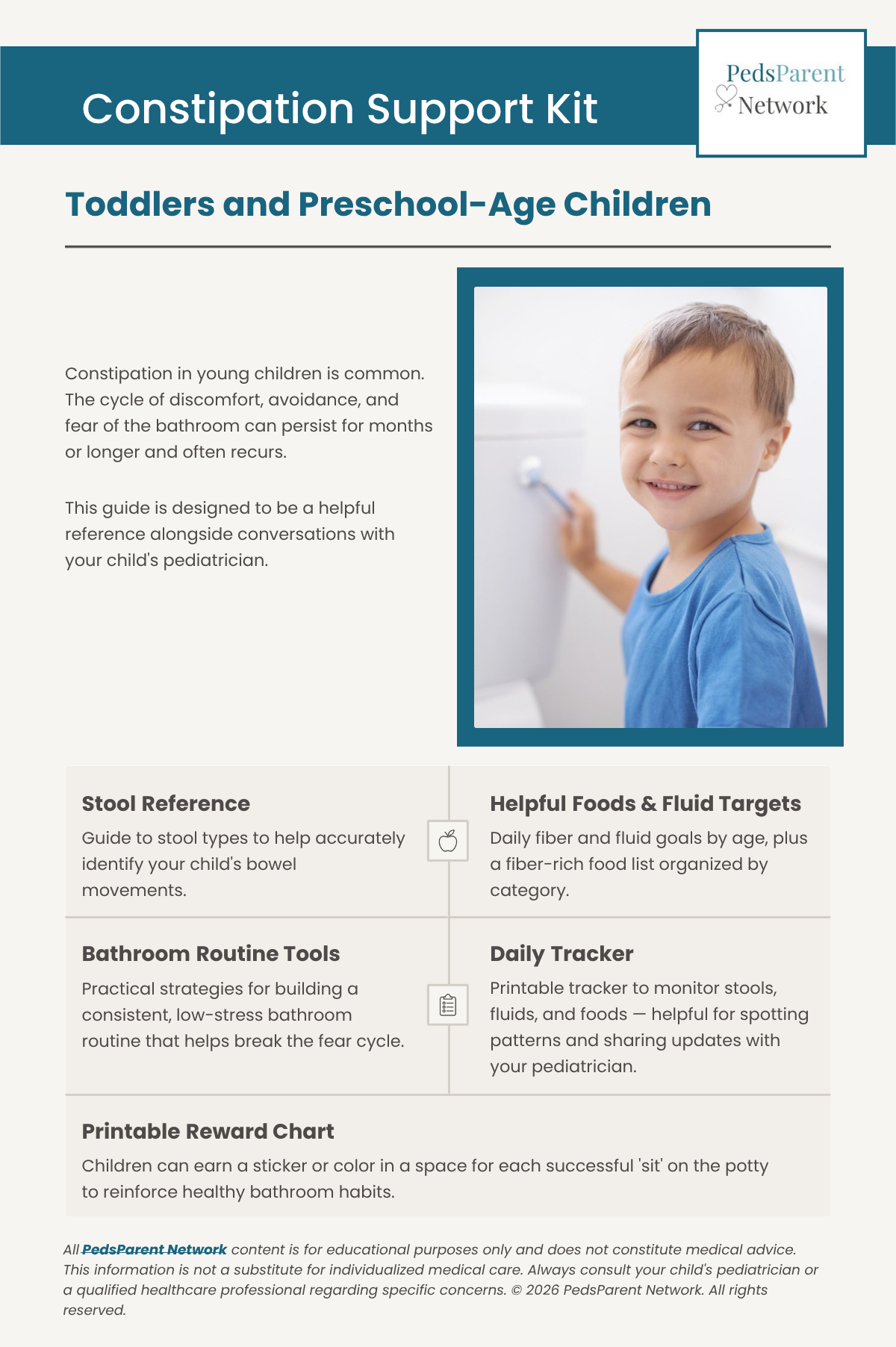 Front page of constipation support kit, image of boy happily flushing potty