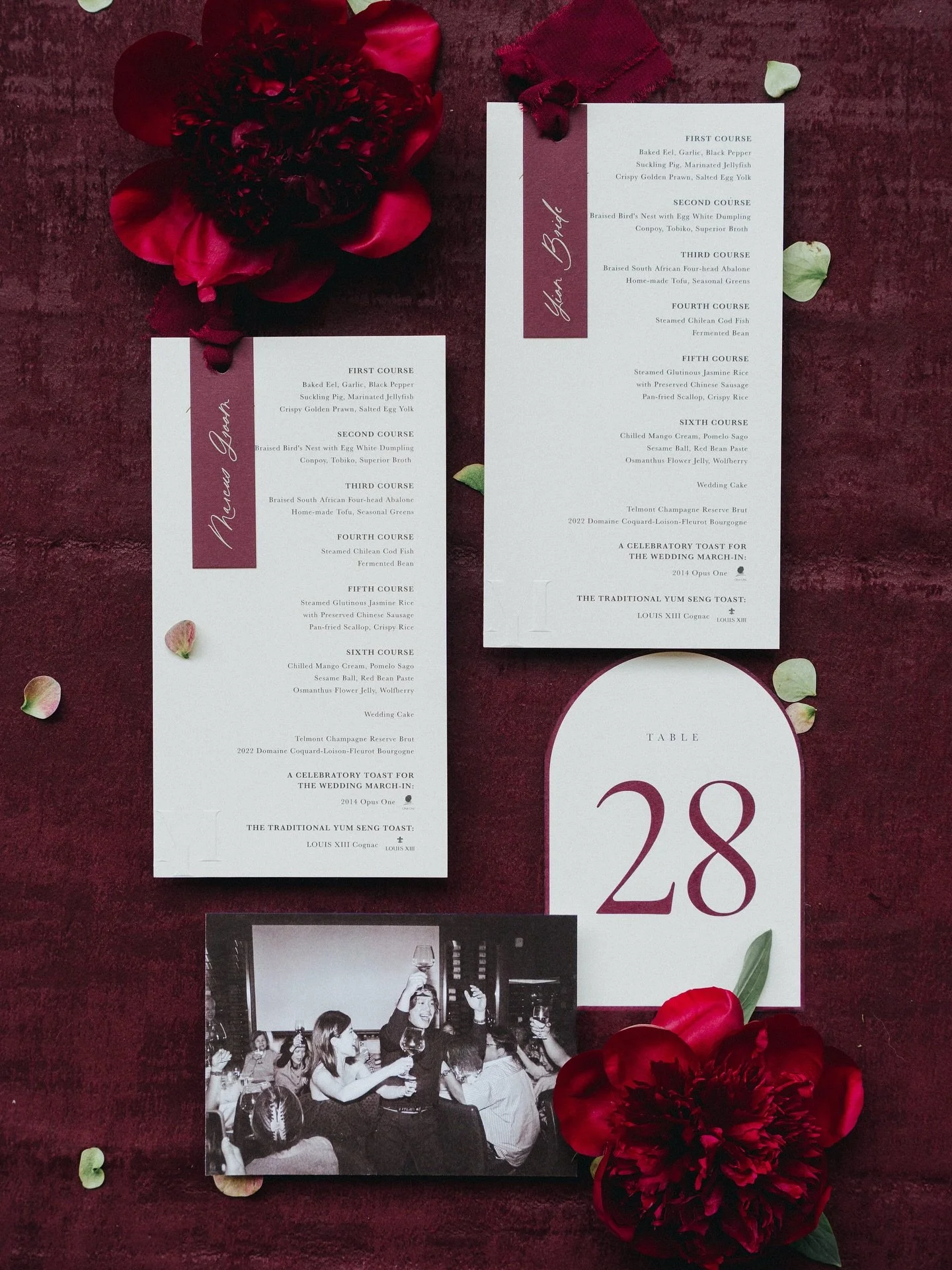 This stationery suite is one of our favourites to date, beautifully designed by @pemberleypaperie. Featuring a rich burgundy palette, it perfectly reflects the wedding&rsquo;s romantic and refined tone. Paired with delicate silk ribbons and embossed/