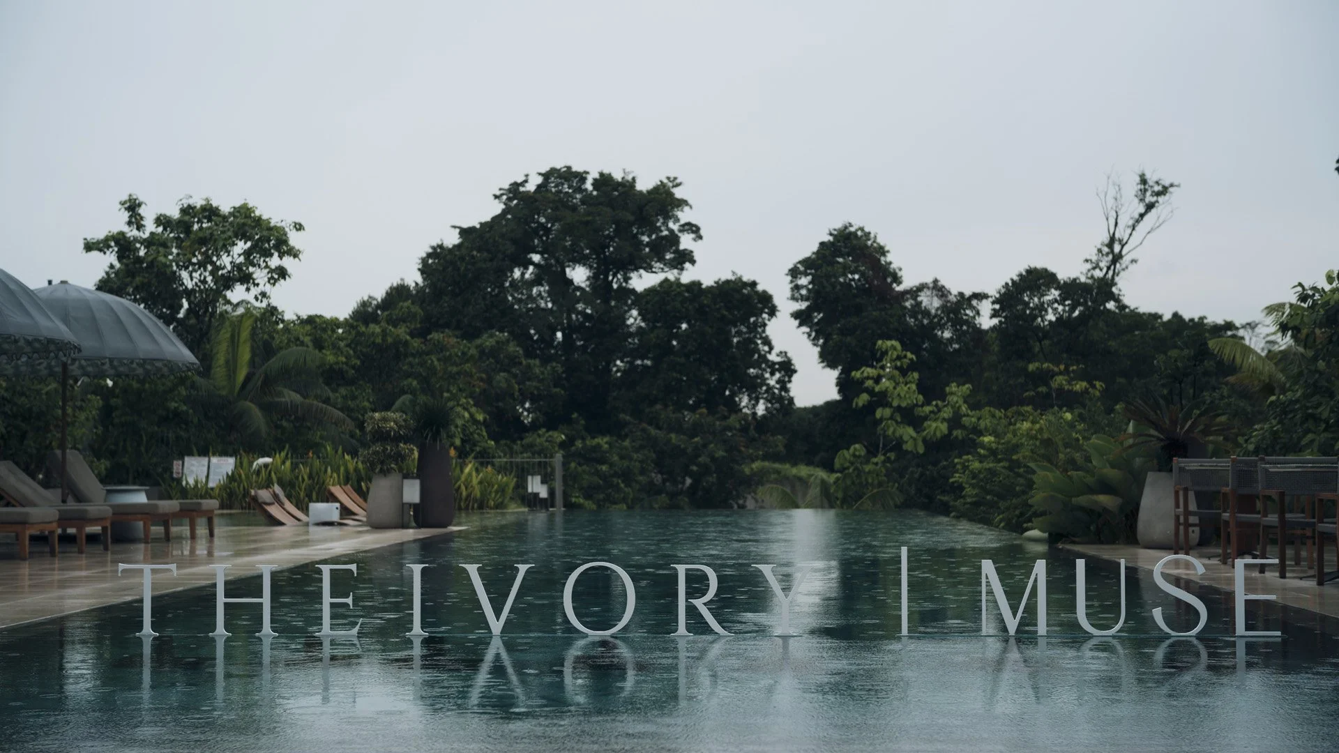 Poolside view with lounge chairs, umbrellas, lush green trees, and an overcast sky, with the text 'The Ivory Muse' overlaid.