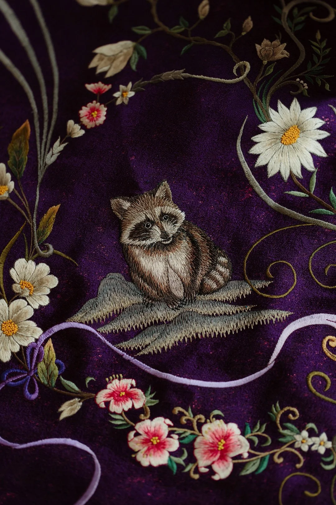 Embroidery of a raccoon sitting on a leaf, surrounded by pink and white flowers and green vines, on a purple fabric background.