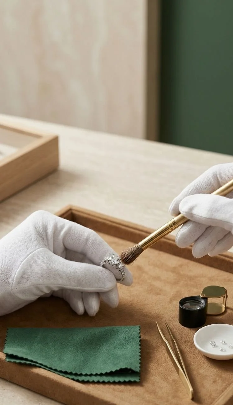 A SAVVY team member wearing white gloves prepares a diamond ring for a private jewelry viewing in Shanghai.