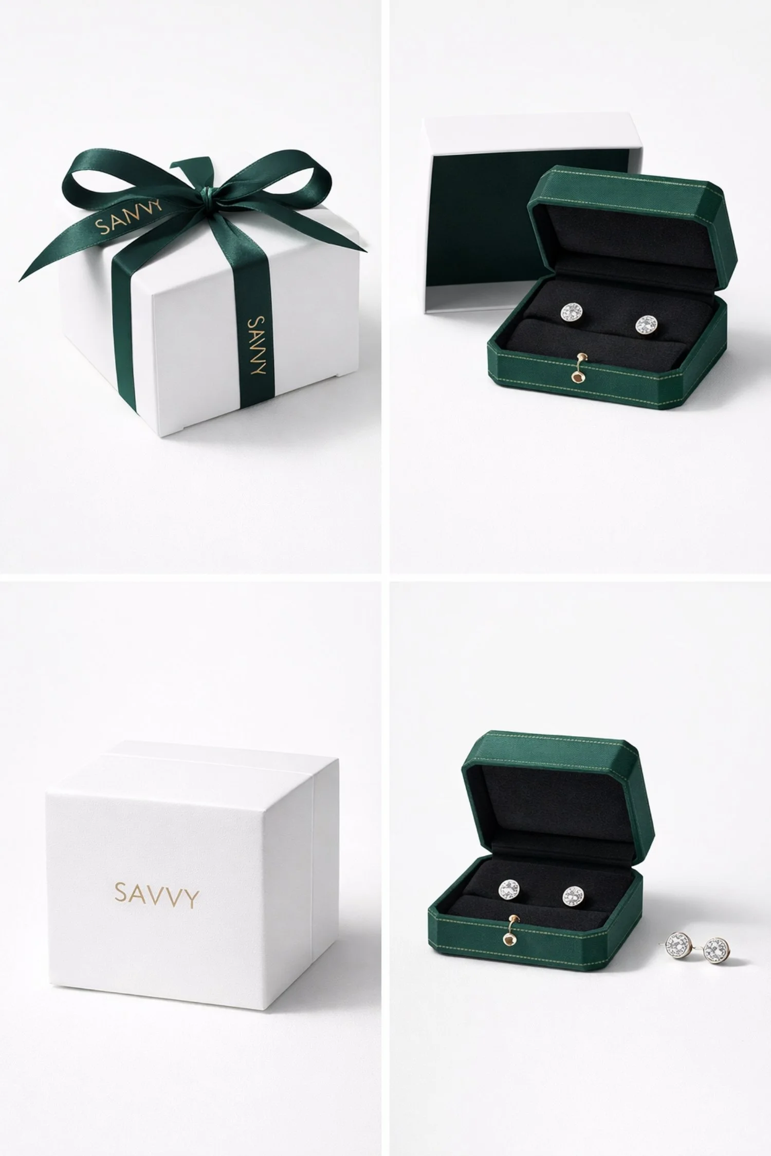 SAVVY diamond stud earrings presented in a white jewelry box with a forest-green ribbon.