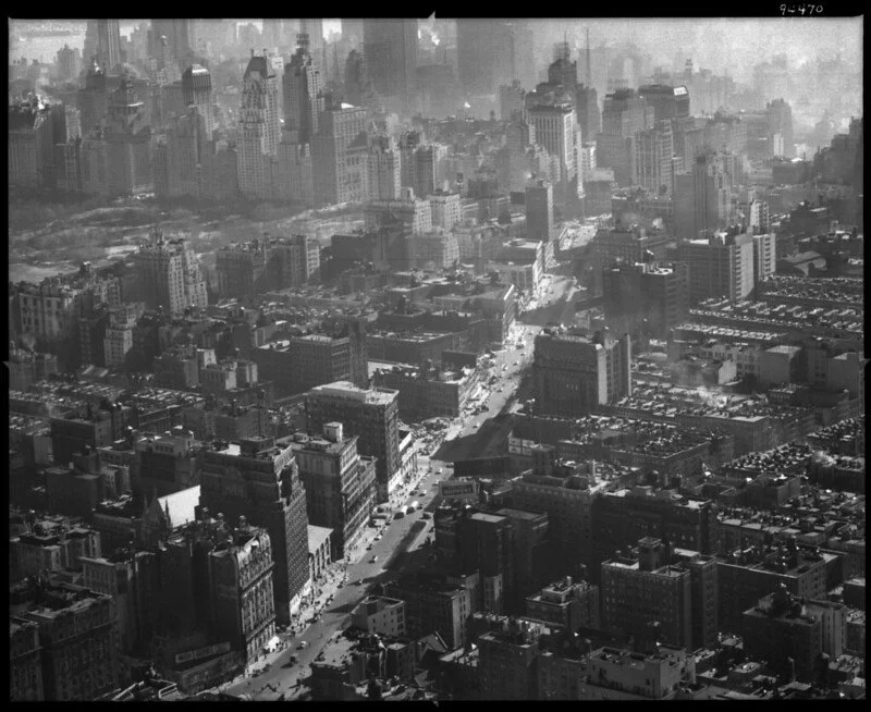 Aerial view of 67th Street and Broadway in Manhattan, with Central Park in the background