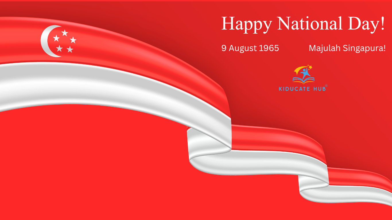 Red background with white and silver waving ribbons, Singapore flag with crescent moon and five stars in the top left corner, text reading "Happy National Day! 9 August 1965 Majulah Singapura!", and a logo with a book and a star.