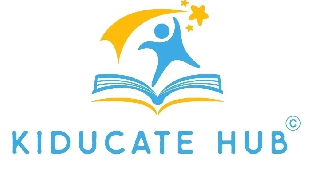 Logo for KIDUCATE HUB featuring a blue human figure jumping over an open book with a yellow star and a yellow comet trailing behind, and the text 'KIDUCATE HUB' below.