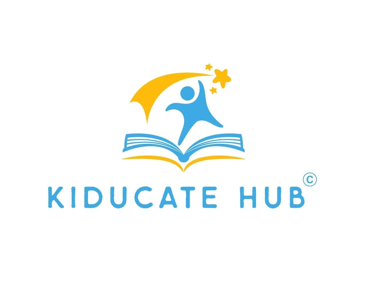 The Kiducate Hub logo features a blue stylized child jumping above an open book, with a yellow star, yellow shooting star, and a yellow crescent moon above the child. The text 'KIDUCATE HUB' is in blue capital letters below the graphic.