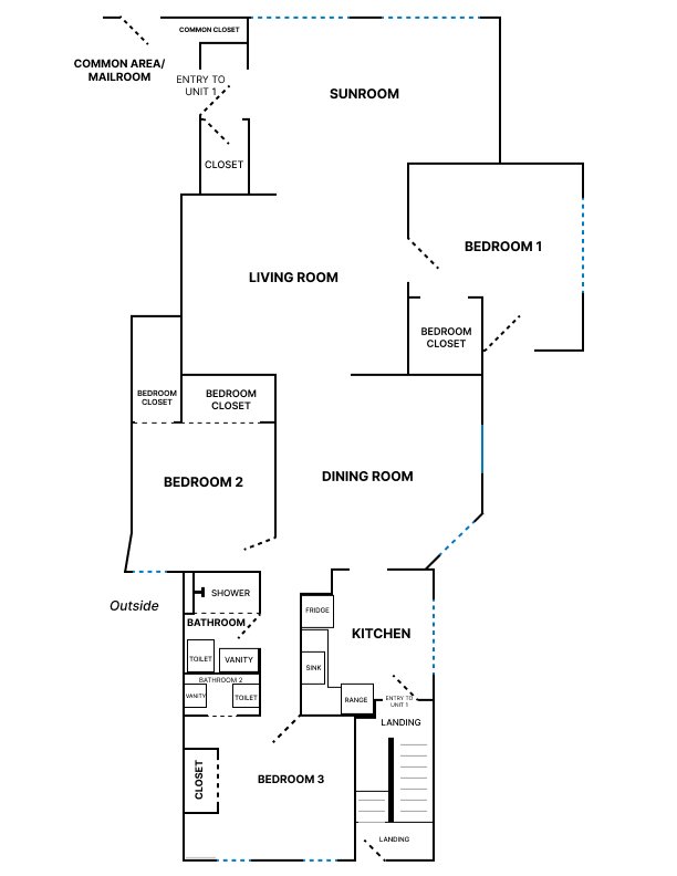 Unit 1 — 3 Bedroom, 2 Bathroom, Sunroom · ~1,431 sq ft