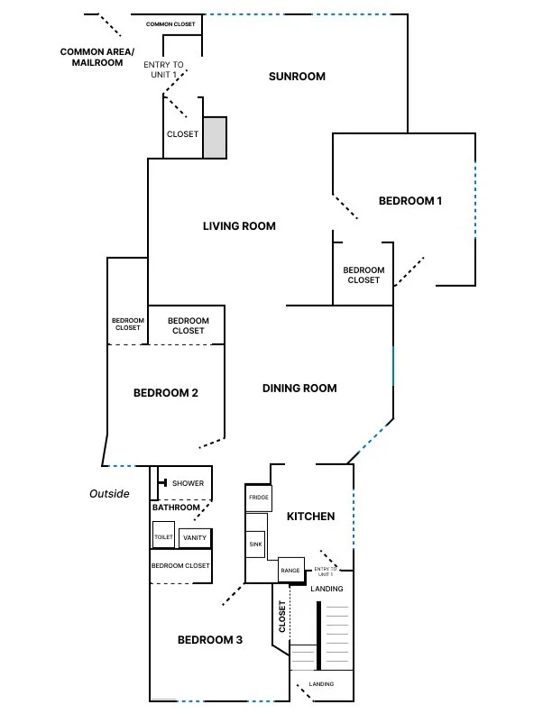 Unit 1 — 3 Bedroom, 1 Bathroom, Sunroom · ~1,600 sq ft