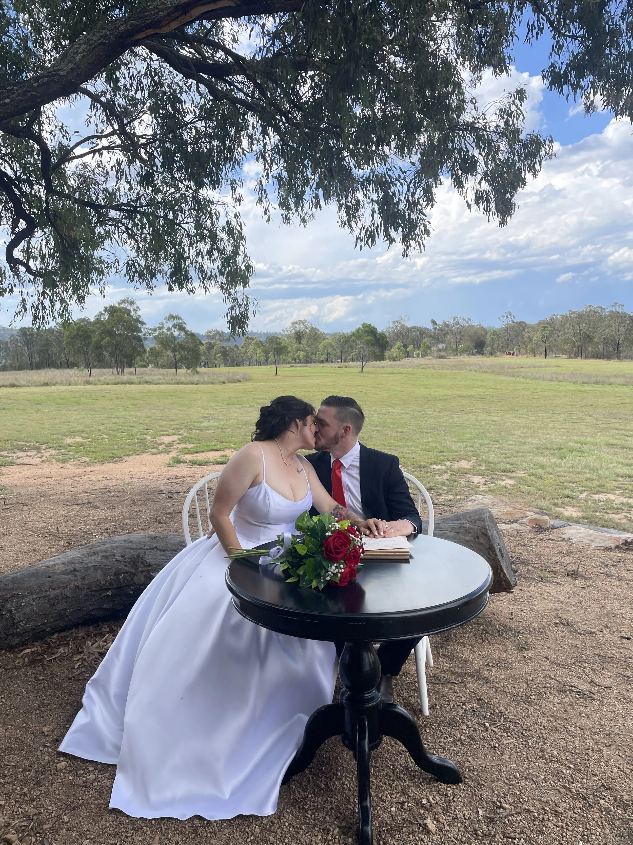 A newly married couple shares a kiss outdoors underneath a large tree. The bride wears a white wedding dress and the groom a black suit with a red tie. They sit at a small black table with a bouquet of red roses on it, at a park with open grass and trees in the background.