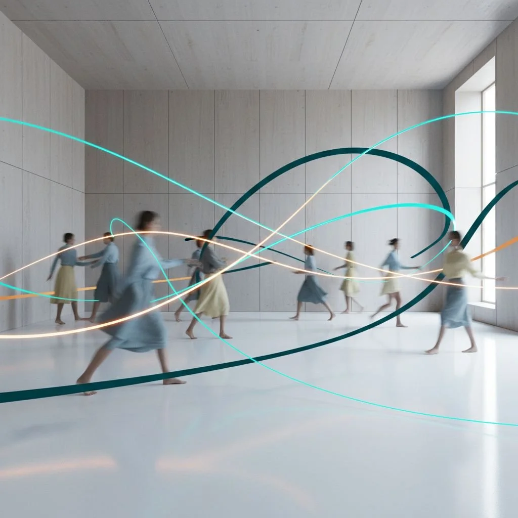 Blurry women figures moving around an enclosed space with colorful lines surrounding them.