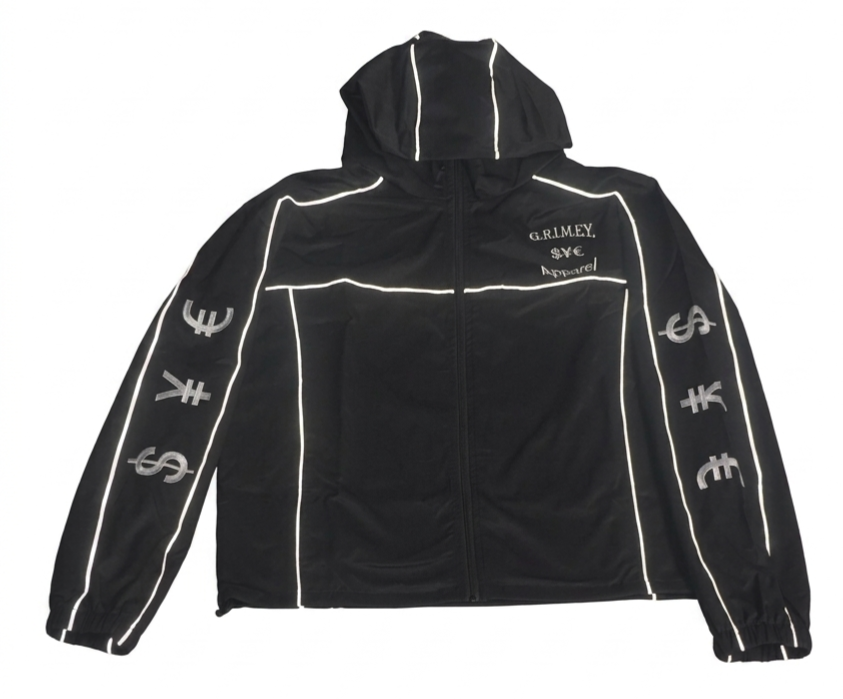 Black hoodie with white reflective piping and symbols of various currencies on the sleeves, and text on the chest area that reads 'G.R.L.M.E.Y. SVX Apparel'.