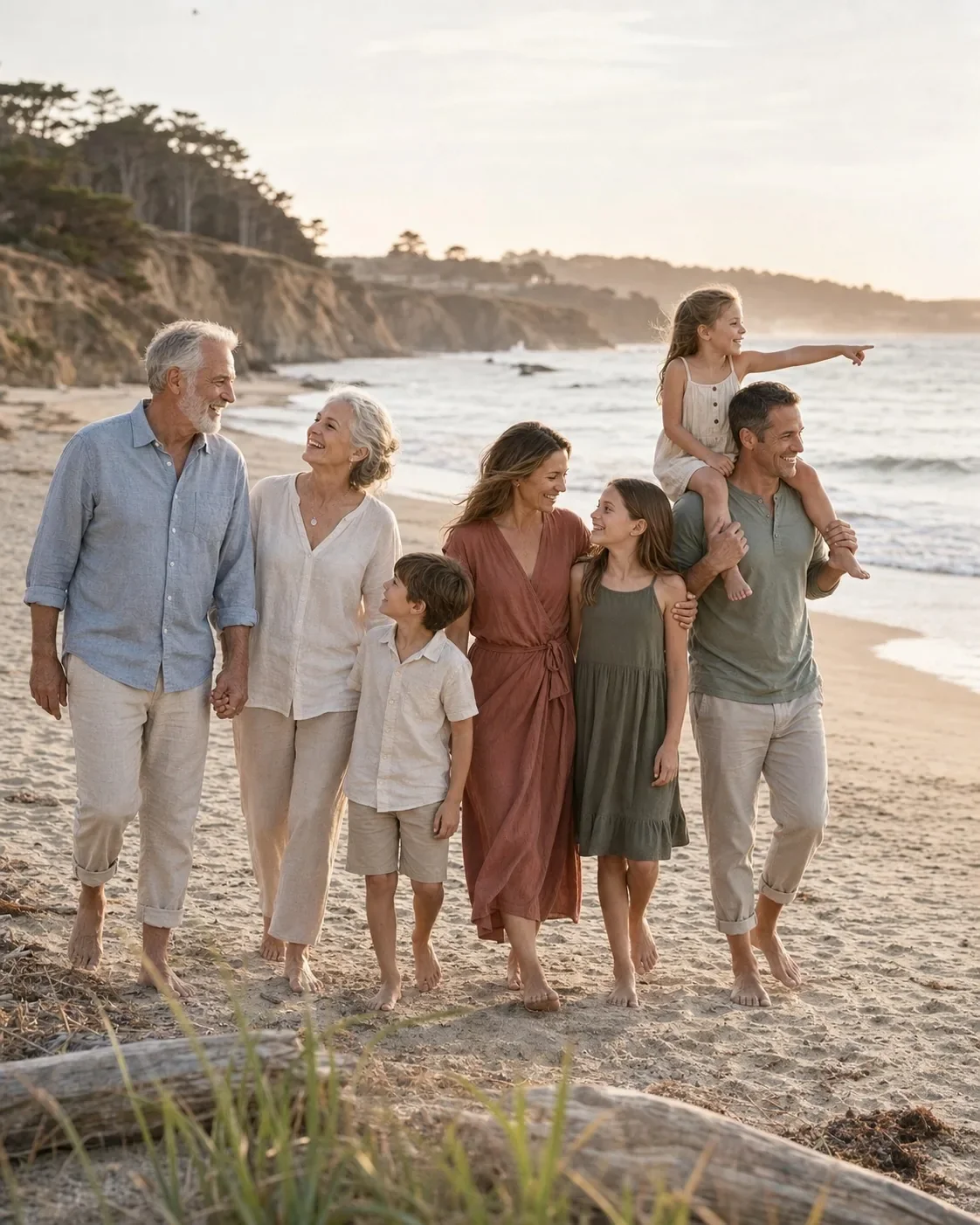 Multigenerational Christian family walking together on the beach at sunset
