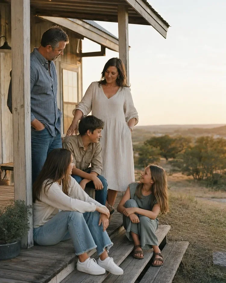 Family gathered on a farmhouse porch at sunset in Texas