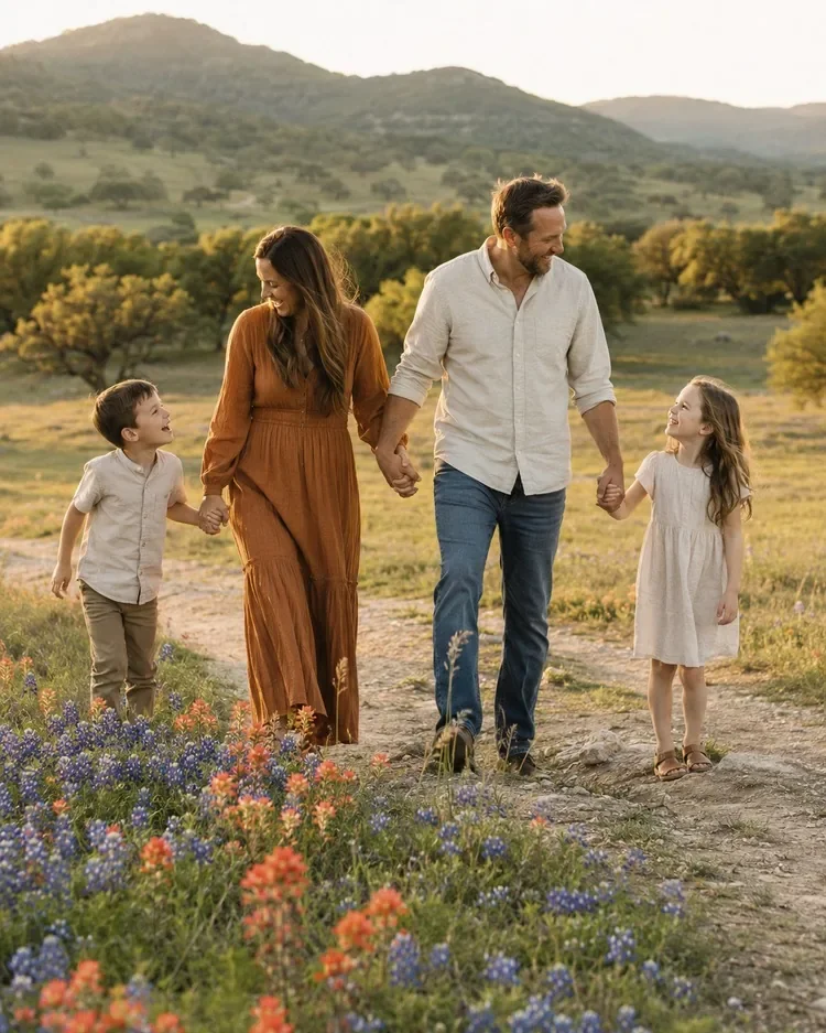 Family walking hand in hand through a Texas wildflower field at golden hour