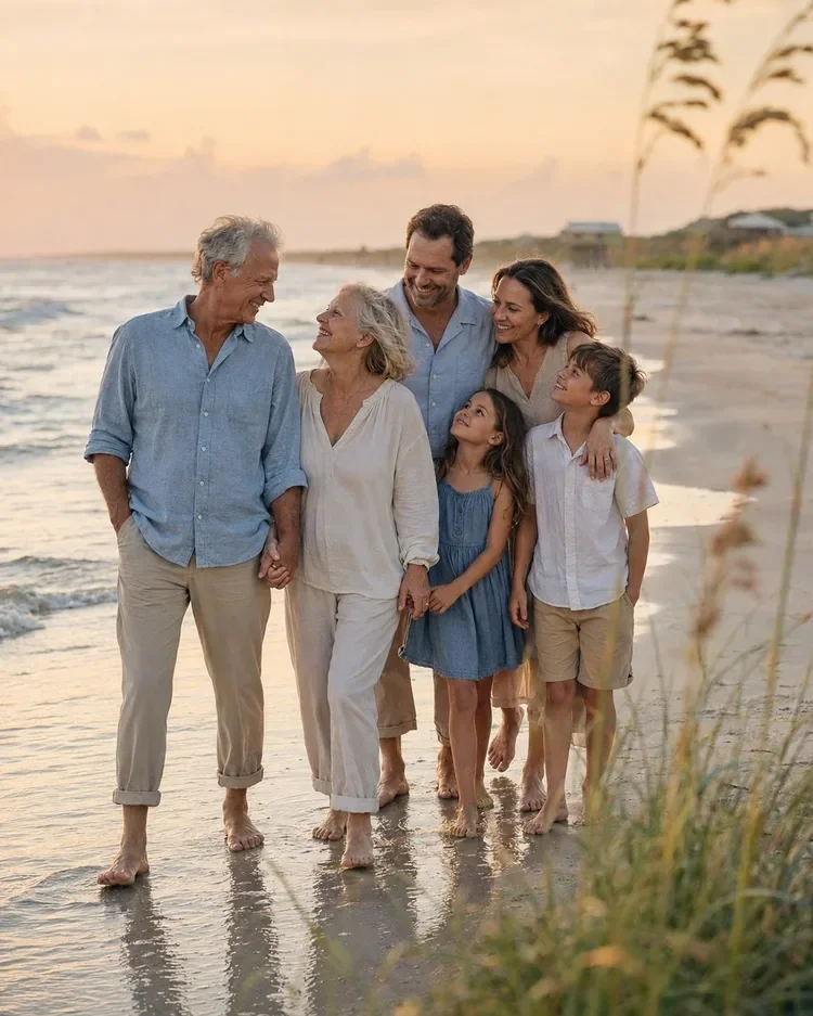 Multigenerational family walking together on the beach at golden hour