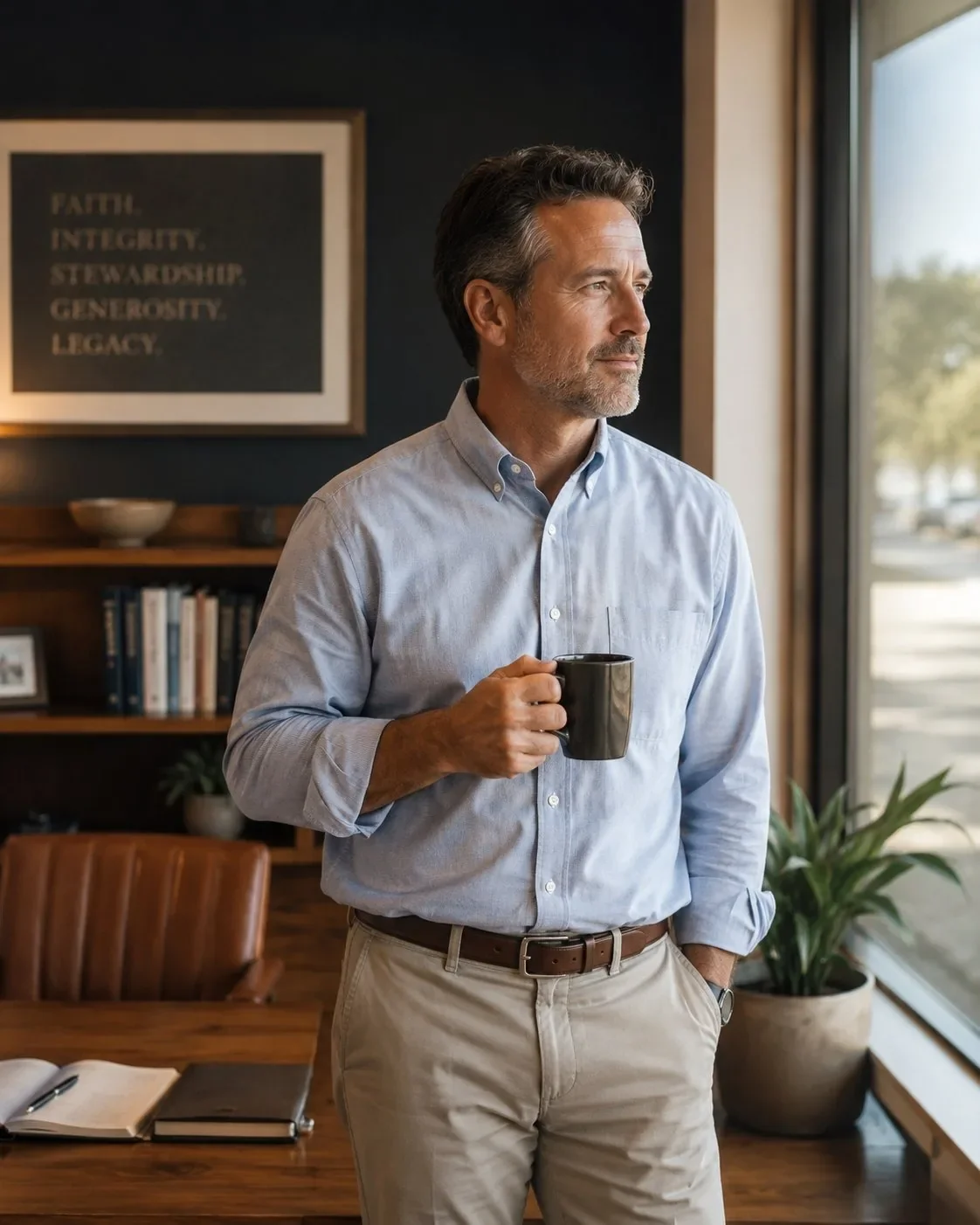 Christian financial advisor standing in his office reflecting on faith and stewardship
