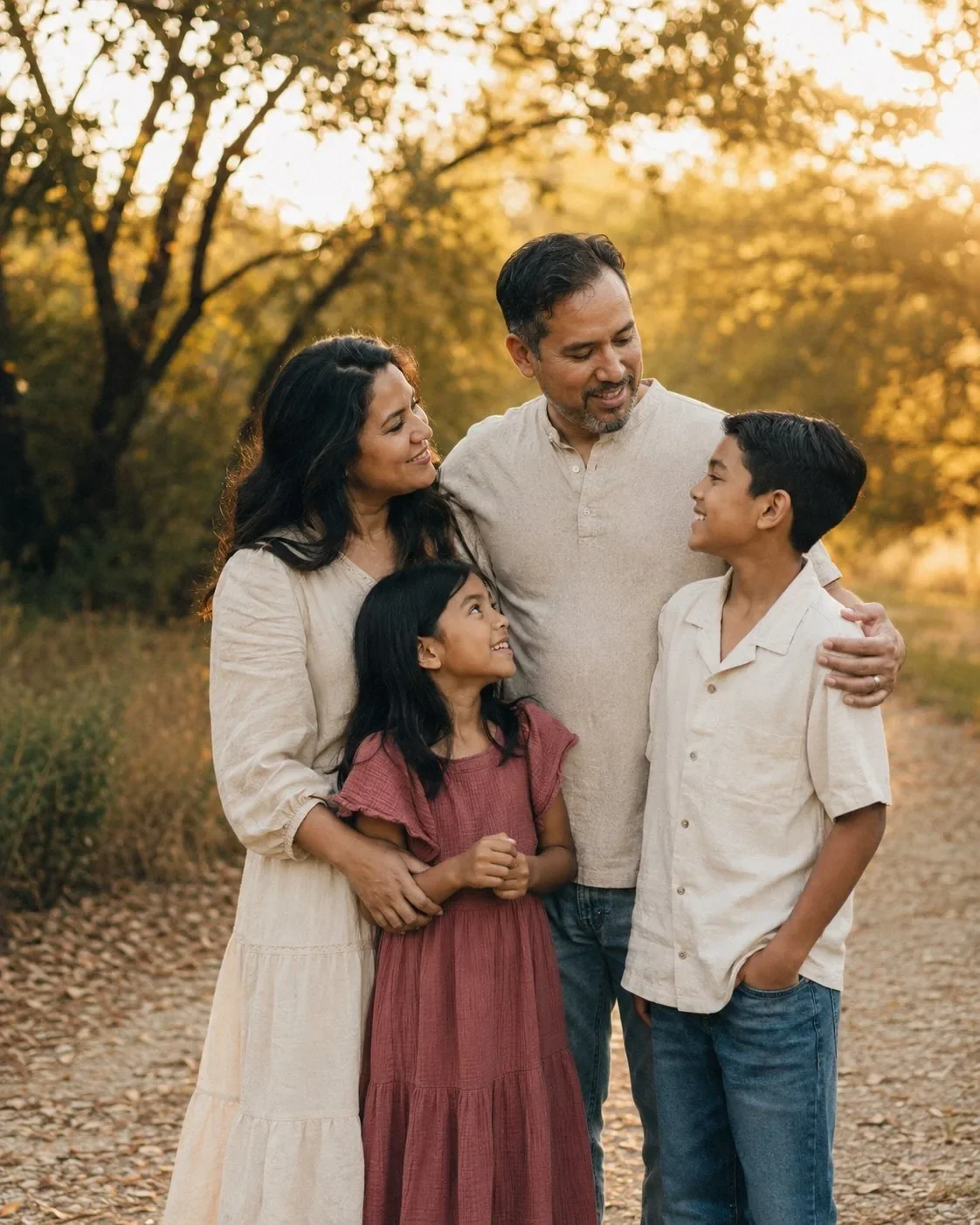 Christian family portrait outdoors in a golden hour forest setting
