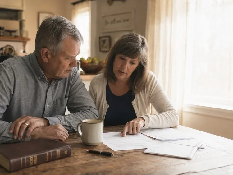 Older couple reviewing financial documents together at home with a Bible on the table