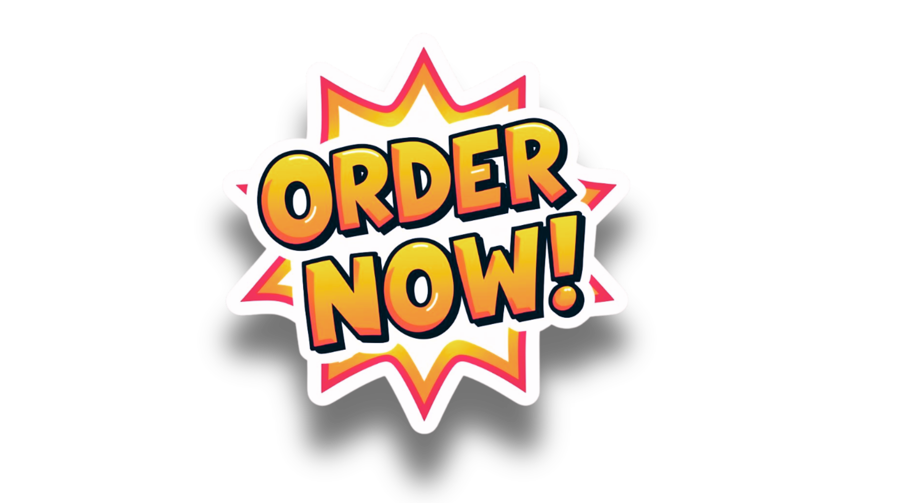 Colorful comic-style sticker with the words 'Order Now!' in bold yellow and orange letters, surrounded by a starburst outline.