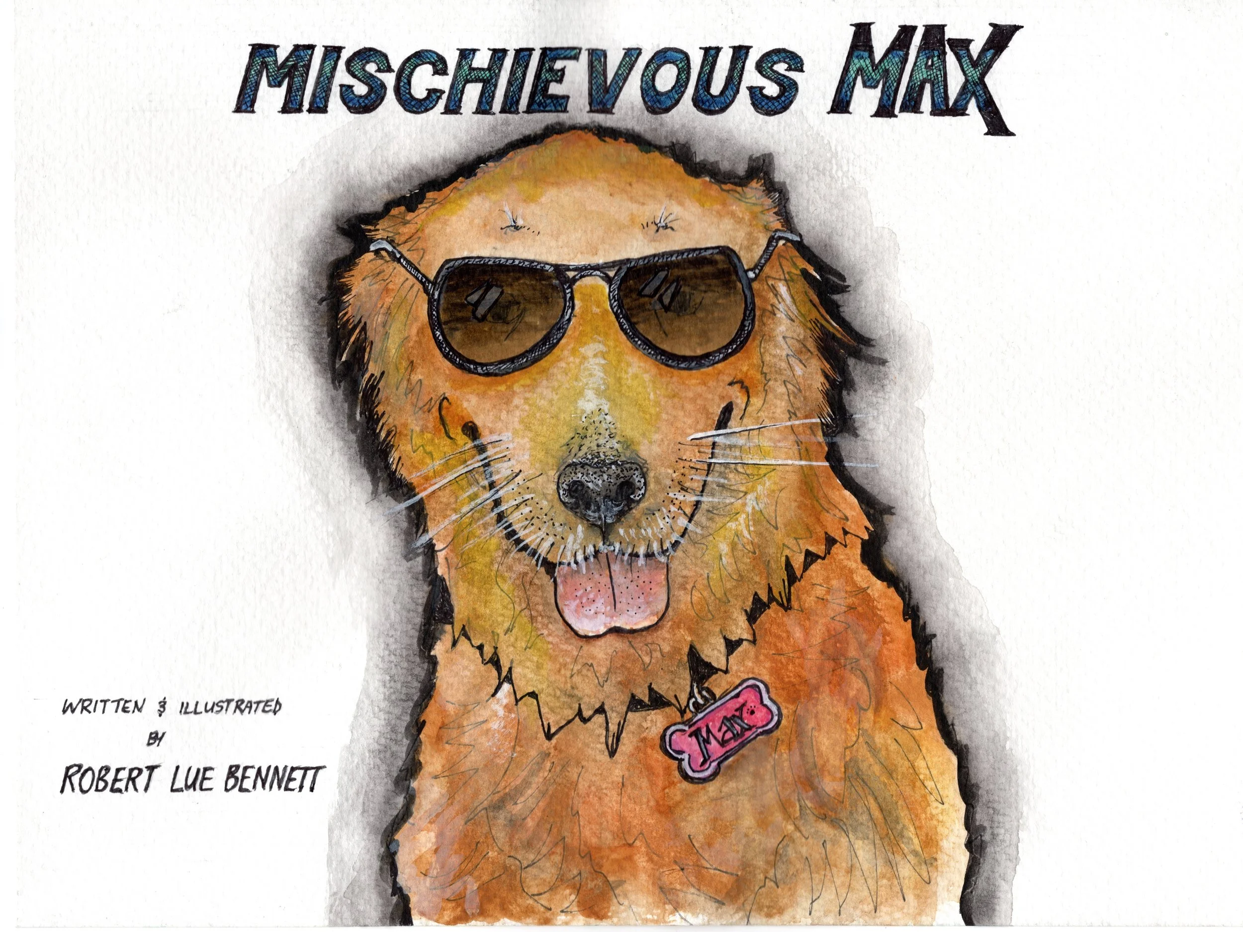 Illustration of a dog wearing sunglasses with a breed name tag, with a comic book style title 'Mischievous Max' and the author's credit at the bottom.