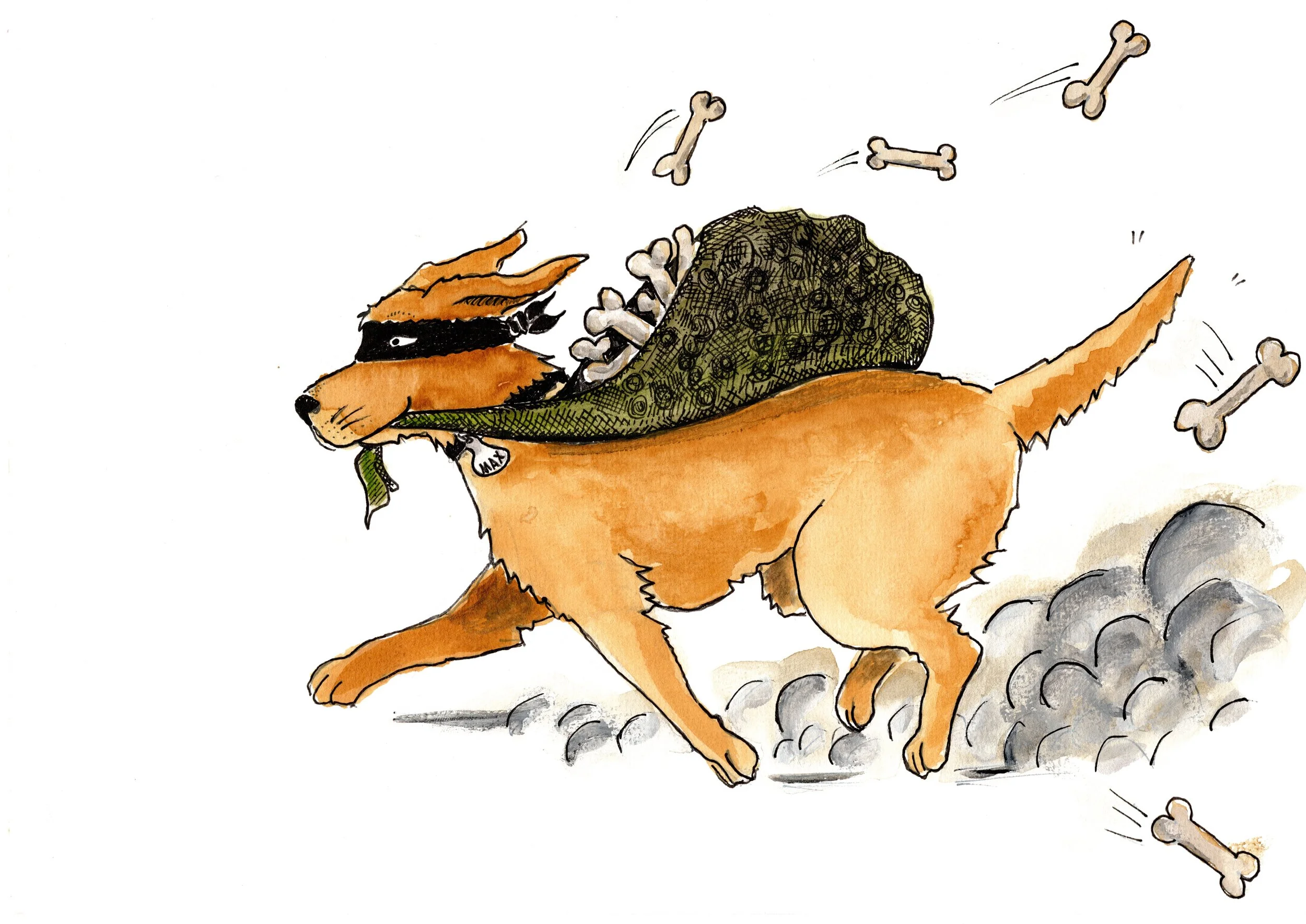 Cute illustration of a dog holding a bundle of colorful wrapped presents.