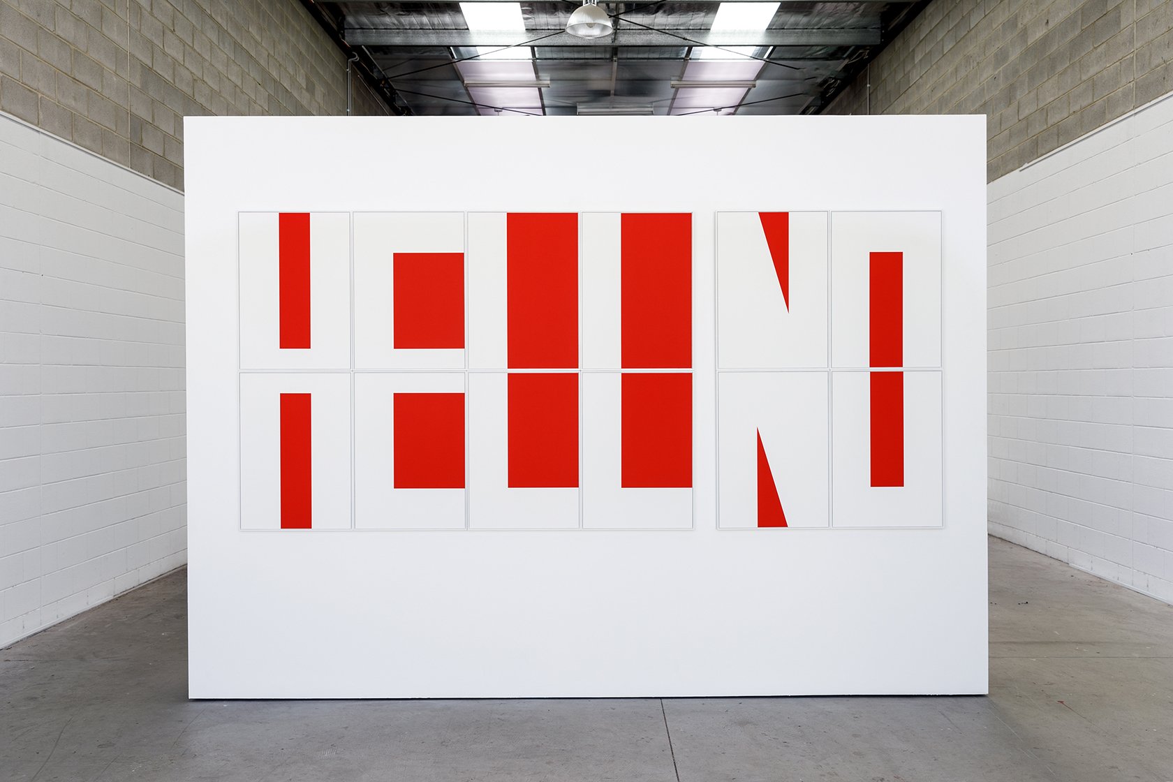 Rose Nolan, HELL/HELLO/HELLNO (10 x red rectangles + 2 x red triangles), 2020, screenprint on 12 sheets, edition of 10, 150 x 320 cm (overall)
